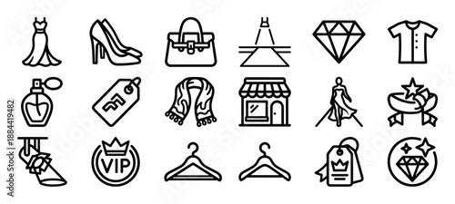 Collection of black line art icons representing fashion, luxury, and shopping themes like dresses, shoes, handbags, diamonds, and retail stores in a clean minimalist vector style