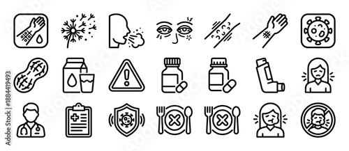 Allergy and intolerance outline icon set featuring various symbols for symptoms, allergens, diagnostics, and medical treatment for healthcare and immunology concepts