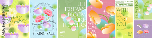 Spring flowers. Vector abstract trendy modern gradient illustration of carnation, lily of the valley, and tulip for a pastel floral greeting card, sale flyer, blooming poster, cover or background.