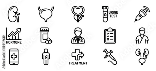 Medical urology and men's health icon set with kidney, bladder, prostate, and doctor symbols for healthcare concepts in a simple black outline style