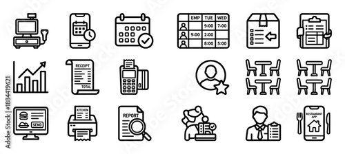 Restaurant and business management line icon set for point of sale systems, online ordering, scheduling, and analytics, presented in a clean, minimalist vector style