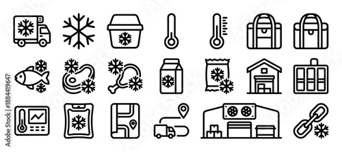 Cold chain logistics and frozen food icon set with minimalist black outlines, featuring symbols for refrigerated transport, storage, and temperature control
