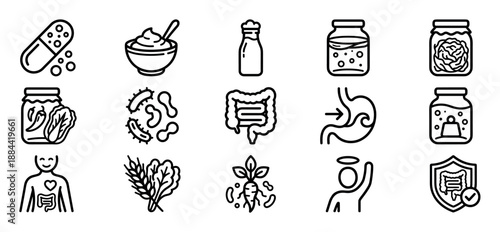 Probiotics and gut health line icon set featuring fermented foods, digestive system organs, bacteria, and wellness symbols for healthy living and nutrition concepts in a minimal style