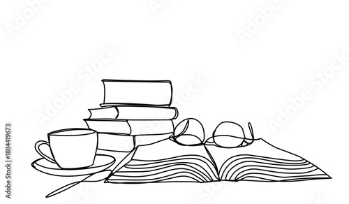 One continuous line banner of openflying books. Education and knowledge library concept in simple line style. Doodle vector illustration

Keywords language: English