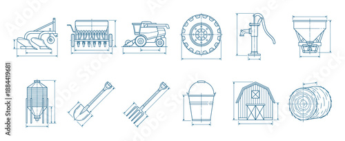 Agricultural equipment and farming tools blueprint set with technical drawings of a plow, harvester, barn, and silo in a clean, schematic line art style with dimension lines