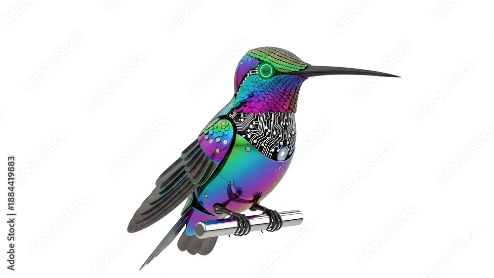 Obraz premium Iridescent hummingbird perched on a branch isolated on white background