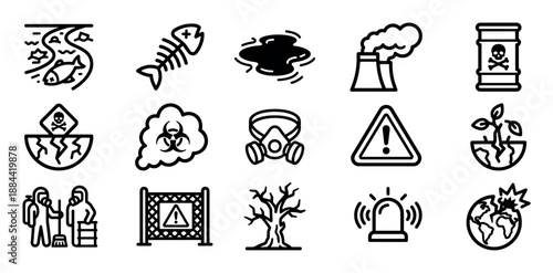 Collection of black line icons representing pollution, environmental disaster, toxic waste, and ecological hazards, including a gas mask, biohazard symbol, and factory smoke