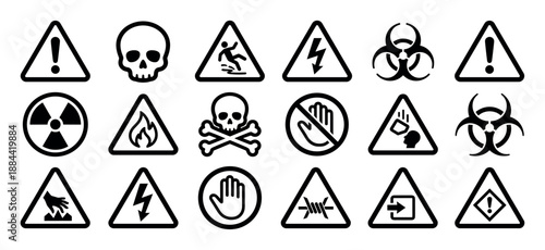Large collection of black warning signs and hazard symbols for safety and caution, including biohazard, radiation, high voltage, poison, and flammable pictograms in a simple vector style