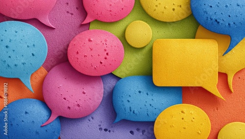 Colorful, textured speech bubbles overlap, creating a vibrant communication mosaic