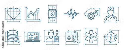 Blue line art medical technology icons in a technical blueprint style with dimension lines, featuring symbols for healthcare data, heart rate monitoring, and doctor consultation