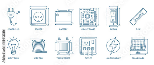 Electricity and power component icon set featuring a plug, socket, battery, circuit board, fuse, and light bulb, presented as a schematic blueprint with dimension lines