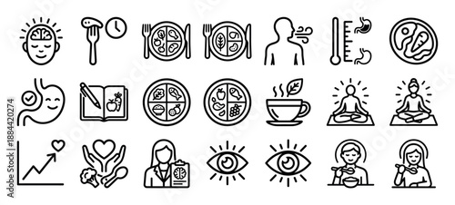 Set of minimalist black outline icons for mindful eating, healthy nutrition, and wellness, featuring symbols of balanced plates, meditation, digestion, and self-care practices