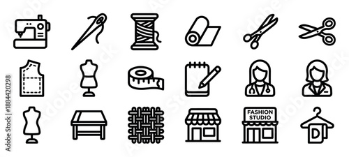Set of black line icons for sewing, tailoring, and fashion design, including a sewing machine, mannequin, scissors, thread, fabric, and professional avatars