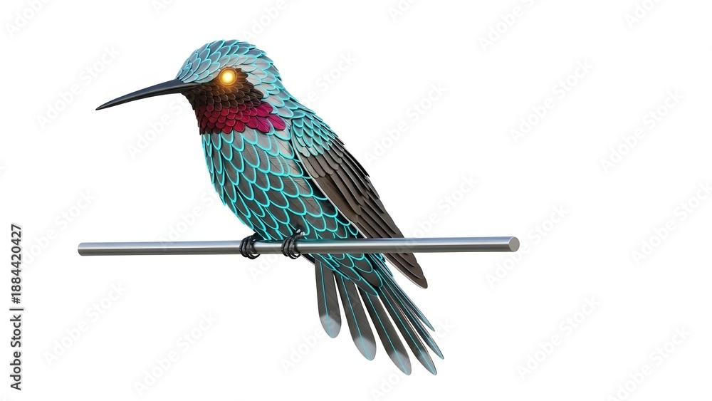 Obraz premium Decorative metallic hummingbird sculpture perched on a thin rod isolated on white background