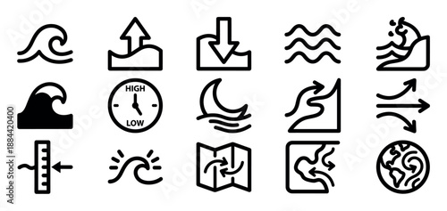 Black vector icon set of oceanographic symbols illustrating high and low tides, sea waves, water currents, and lunar influence in a clean minimalist glyph presentation