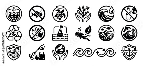 Set of black environmental conservation icons representing marine life protection, anti-pollution, recycling, and ecological awareness with symbols of fish, turtles, coral, and plastic waste