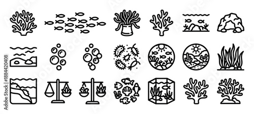 Collection of black line art icons representing aquatic life, including coral reefs, fish shoals, aquariums, and symbols of marine ecosystems and ecological balance in a minimalist style