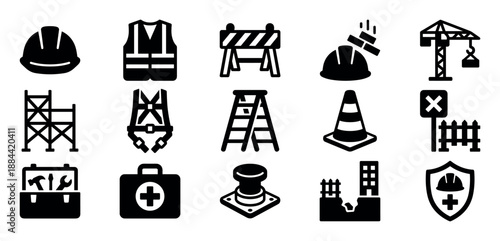 Set of black construction safety icons representing building site equipment, personal protective gear, and workplace hazards in a simple glyph style for graphic design