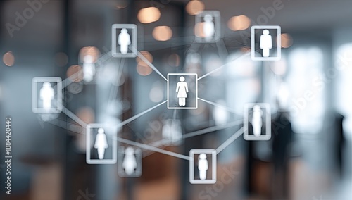 Network of interconnected people icons in a modern office setting