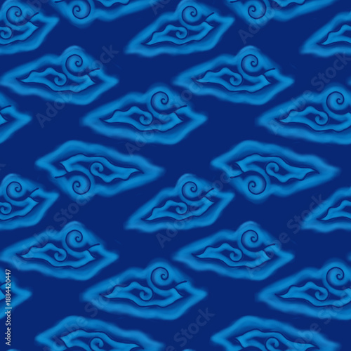 Mega Mendung motif, a typical batik motif from Cirebon, West Java, Indonesia, with a blue cloud pattern depicting blend of Javanese and Chinese culture.