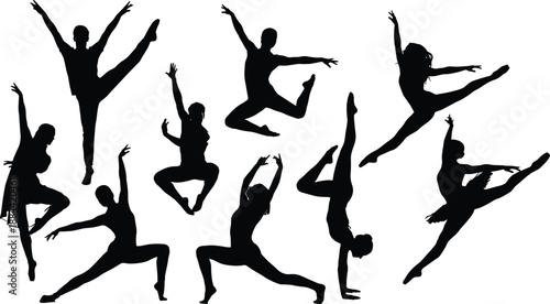 Dance silhouettes set featuring energetic ballet and modern dancers jumping and posing, black vector people collection isolated on white background for performance, fitness and design use