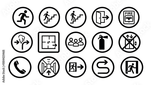 Collection of black fire safety and emergency evacuation icons showing exit routes, fire extinguishers, assembly points, and warning symbols for public information and guidance