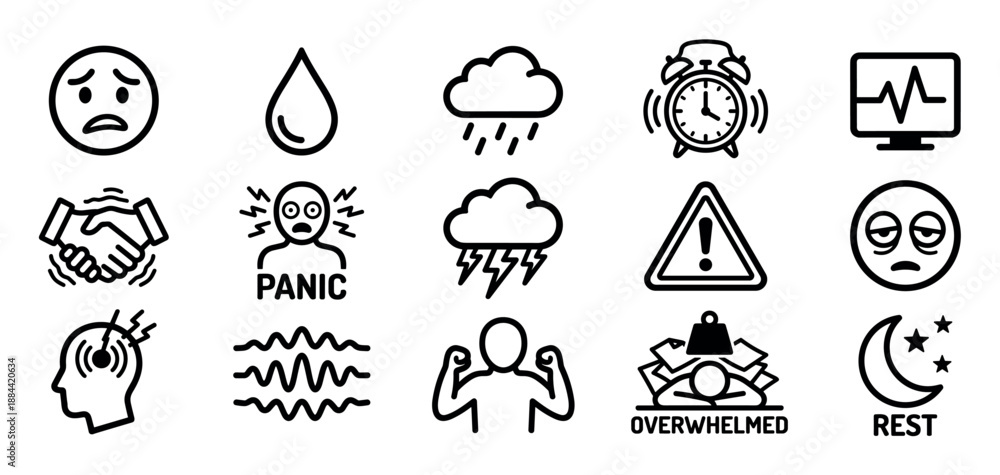 Fototapeta premium Diverse set of black line icons illustrating mental health concepts such as stress, anxiety, panic, burnout, headache, and insomnia in a clean and simple graphic style