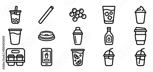 Set of black line art icons representing various beverages like bubble tea, coffee, smoothies, and lemonade, including related accessories for a cafe or drink menu