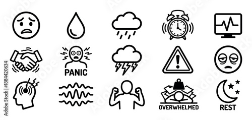 Diverse set of black line icons illustrating mental health concepts such as stress, anxiety, panic, burnout, headache, and insomnia in a clean and simple graphic style