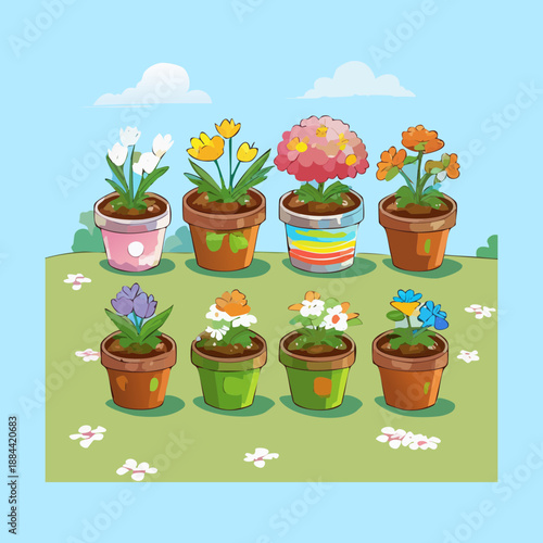 Cheerful sunflower and daisy garden plants in bright yellow pots for summer nursery and children educational posters