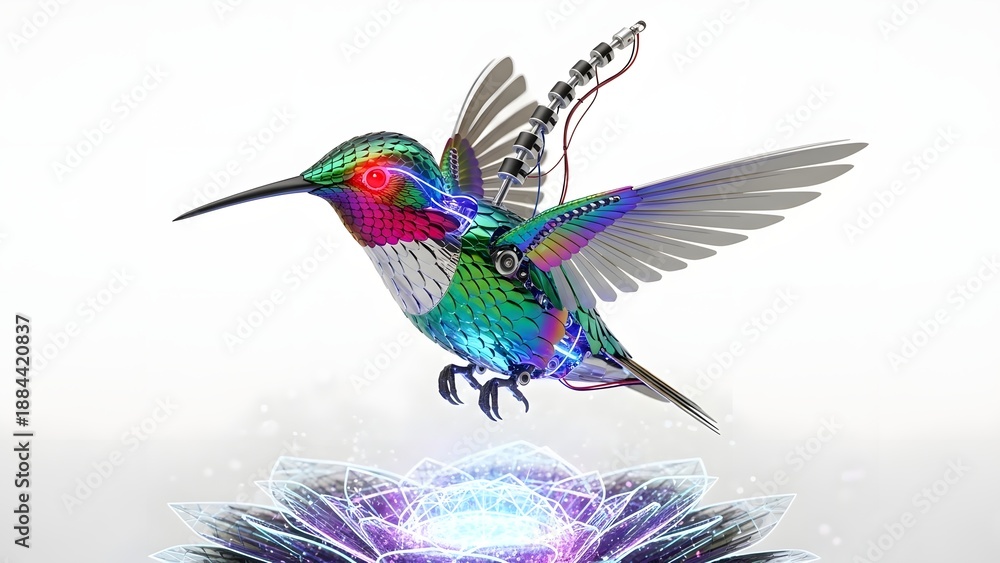 Obraz premium Hummingbird with iridescent feathers hovering over a glowing flower isolated on white background