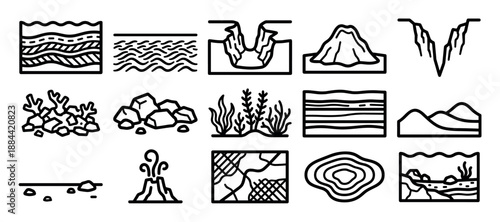 Geology and geography line icon set featuring natural formations like volcanoes, canyons, earth layers, and rocks in a minimalist black and white vector-style illustration
