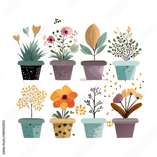 Mixed floral and foliage plants in artistic pots for creative home decoration and boutique garden shop display ideas