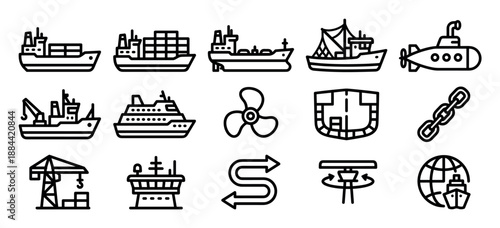 Collection of black outline icons depicting maritime transport and the shipping industry, with symbols for a container ship, tanker, submarine, cruise liner, port crane, and global logistics