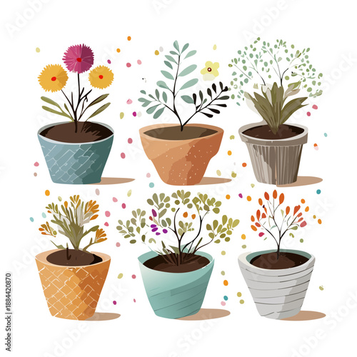 Wildflowers and mixed garden plants in earthen pots for naturalistic landscape design and biodiversity friendly gardening concepts