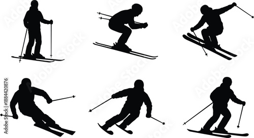 Downhill skiing silhouettes set showing dynamic ski jumps and carving turns, black vector winter sport athletes isolated on white background for alpine, snow and action design use
