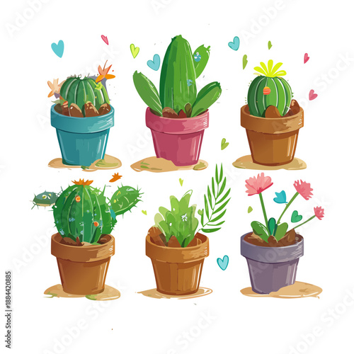 Spiky desert succulents and green cacti in small brown pots for tabletop decoration and low maintenance gardening hobby