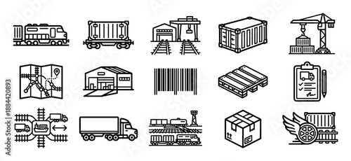 Collection of simple outline icons for cargo logistics and supply chain services, featuring a freight train, shipping container, warehouse, truck, pallet, and other transportation elements