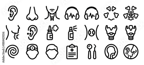 Otolaryngology line icon set with medical symbols for ear, nose, and throat health, including anatomy, doctor, patient, and treatment pictograms
