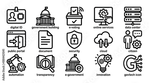 Collection of black govtech line icons illustrating digital transformation concepts like e-voting, online services, public portals, automation, and data security in a minimalist style