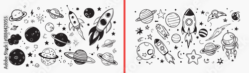 Space Galaxy Rocket Planet Doodle Collection, Hand Drawn Astronaut Star Sketch Art Design, Cosmic Universe Element Vector Clipart Bundle, Science Fiction Theme Graphics Stock Art Set, Space Travel Dra