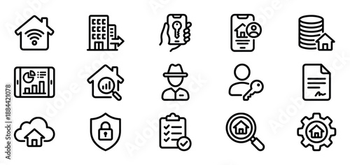 Collection of black line icons for real estate, property management, and smart home technology, featuring symbols for search, security, contracts, and digital access
