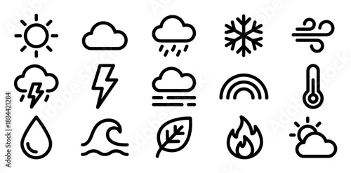 Collection of black line weather icons representing various meteorological conditions like sun, rain, snow, wind, and storms in a clean, minimalist vector graphic style for forecasts