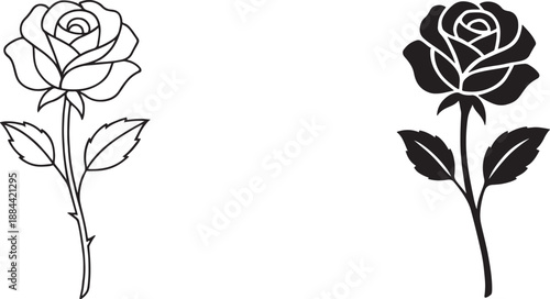 Elegant black and white rose flower vector icon in bold and outline style for love themes.