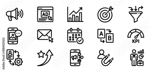 Collection of fifteen digital marketing icons in a minimal black line art style, illustrating concepts like advertising, analytics, targeting, KPI, and customer acquisition