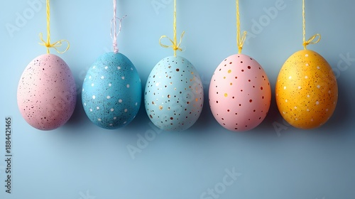 Colorful decorative eggs hanging on string against a light blue background during spring celebration