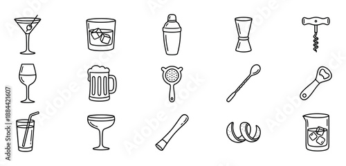 Set of bar and cocktail icons in a simple black and white line art style, featuring a shaker, jigger, glasses, and other essential bartending tools for making alcoholic drinks