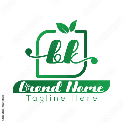 Green leaf logo with letters B K and text Brand Name Tagline Here leaves nature
