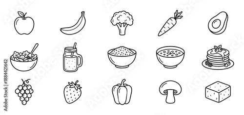 Collection of healthy food icons in a simple black and white line art style, featuring fruits, vegetables, and meals like salad, soup, and pancakes for nutrition and diet concepts