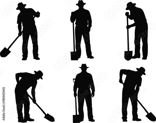 Farmer digging silhouettes set showing agricultural workers using shovels for soil preparation, manual labor poses isolated on white background for farming, construction, and rural work design